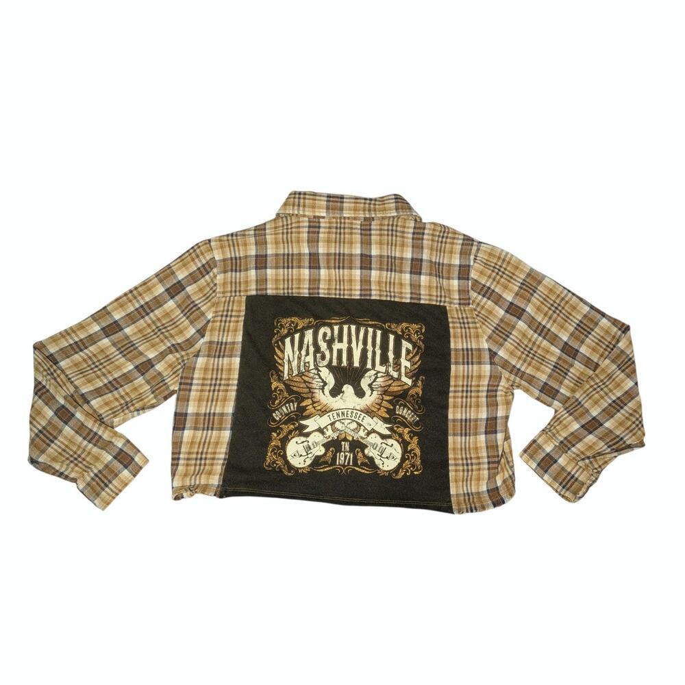 Altar'd State Nashville Graphic Cropped Plaid Flannel Shirt Brown Small Western - Picture 1 of 9